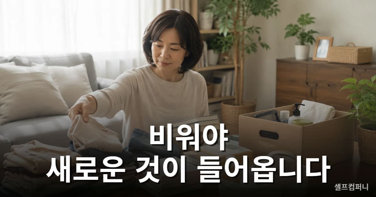 필요 없는 물건을 정리하며 새로운 것을 위한 공간을 만드는 모습